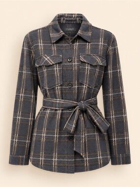Liverpool Plaid Belted Jean Jacket - Gray with Tan Stripes